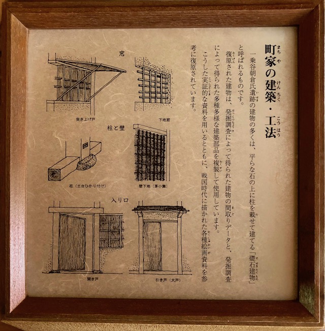 一乗谷朝倉氏遺跡の復原町並の町家の案内板「町家の建築・工法」